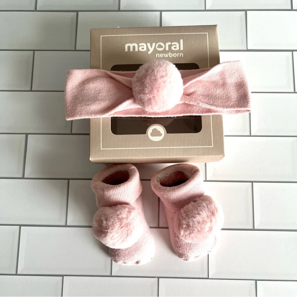 3M💗 Mayoral Pink Pom Pom Baby Sock Booties and Headband Set Organic Cotton Set
